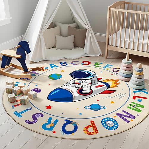 ABC Kids Alphabet Round Rug 6ft – Washable Soft Circle Nursery Rug, Non-Slip Educational Carpet with Space Astronaut Design for Classroom, Playroom & Kids Room Decor Blue