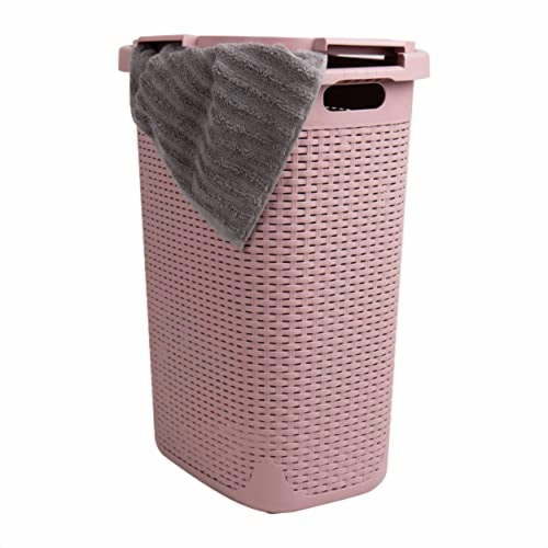 Slim Laundry Hamper with Lid, 60L Clothes Basket, Premium Wicker Design, Plastic, Pink