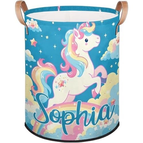 Personalized Unicorn Laundry Hamper for Kids Girls, Custom Laundry Basket Foldable Large Waterproof for Dirty Clothes Storage Bin with Handles for Bedroom, Blue with Rainbow Cloud