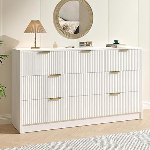 White 7 Drawer Dresser for Bedroom, 55” Wide Fluted Dresser with Gold Handles, Modern Chest of Drawer for Bedroom, Closet, Living Room, Entryway, Hallway, White