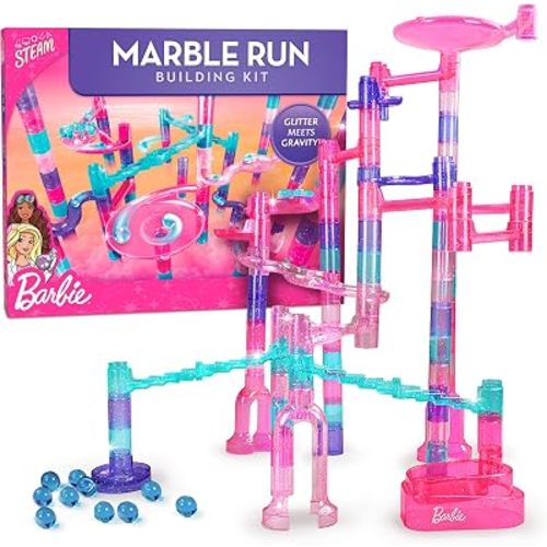 Barbie Sparkle Marble Run Building Set with 10 Marbles for Kids Ages 6+