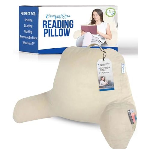 ComfortSpa Reading Pillow for Bed Adult Size, Back Rest Pillow with Arms, Pockets and Washable Cover; Use as a Back Pillow for Sitting in Bed for Bedrest or Relief from GERD Heartburn (Large Cream)