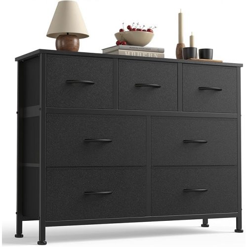 Sweetcrispy 7 Drawer Dresser with Fabric Bins Fabric Storage Tower Organizer for Bedroom Closet Hallway Entryway Tall Chest of Drawers with Steel Frame Wood Top Easy Pull Handles,Black