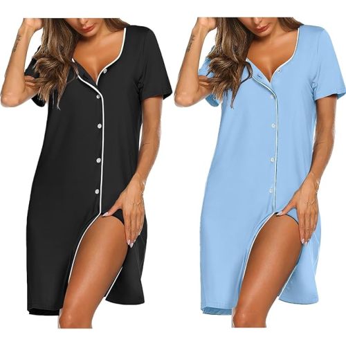 Ekouaer Nightgowns for Women 2 Pack Button Down Sleepshirt Short Sleeve Nightshirt Soft Sleepwear V Neck Pajama Dress