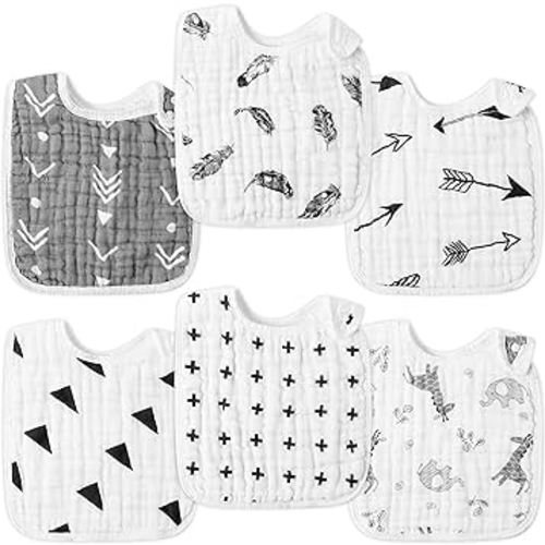 Zainpe 6Pcs Snap Muslin Bibs for Baby Machine Washable Adjustable Unisex Burp Cloths with 6 Absorbent Soft Layers, Animal Pattern Bib for Newborns Toddlers Infants 3 to 36 Months Drooling Teething