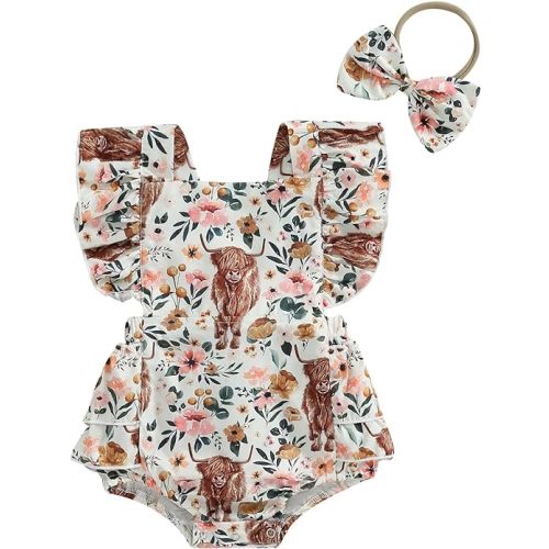 Karuedoo Western Baby Girl Clothes Cow Print Romper Ruffle Sleeveless Jumpsuit Bodysuit Headband Infant Cowgirl Outfit