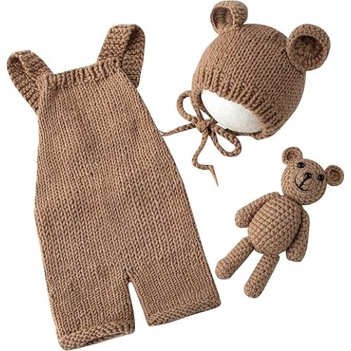 Vemonllas Newborn Photography Props Boys Girls Outfits Baby Photo Props Knit Bear Hat Romper Photoshoot Costume Set