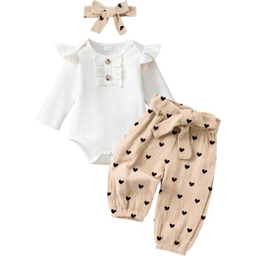 EVERGIFTKIDS Newborn Baby Girl Clothes Ribbed Knit Romper Heart Daisy Print Pants for 0 3 6 12 18 24 Months Girl Outfits