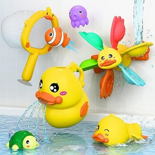 iPlay, iLearn Baby Duck Bath Toy, Toddler Bathtub Shower Toy W/ Suction Spin Gear, Floating Animals, Fishing Net Pool Water Play, Birthday Easter Gift 6 12 18 Month Infant 1 2 3 Year Old Kid Boy Girl