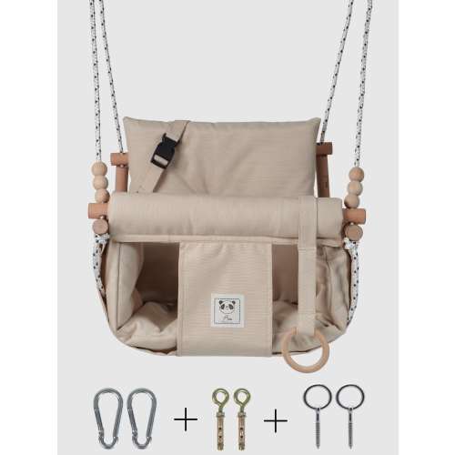 Beige Canvas Baby Swing – Indoor Wooden Toddler Swing with Safety Belt (1–4 Years, 40kg)