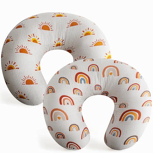 2 Pack Muslin Nursing Pillow Cover 100% Cotton Boho Neutral Stretchy Removable Baby Nursing Covers for Breastfeeding Pillows Soft Breathable Pillow Slipcover for Newborn Baby Boy or Girl (Boho)