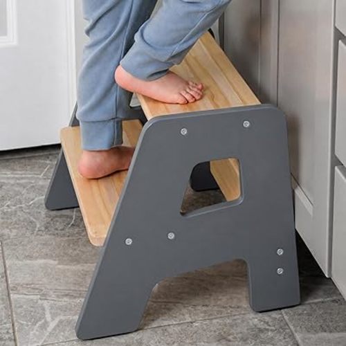 2-Step Wooden Toddler Step Stool for Bathroom Sink & Kitchen Use - Gray