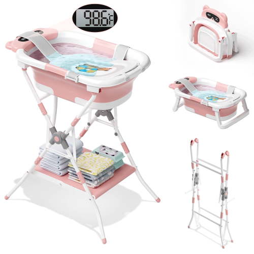 COOSEYA 2-in-1 Baby Bathtub with Stand for Newborn and Infants, Foldable Baby Bath Tub, Baby Shower Gifts for New Parents, Pink