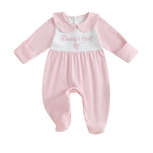 Gaono Newborn Baby Girl Romper Waffle Knit Striped Long Sleeve Doll Collar Heart Bow Jumpsuit Bodysuit Fall Winter Clothes