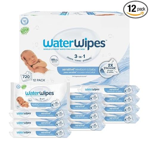 WaterWipes Sensitive+ Newborn & Baby Wipes, 3-In-1 Cleans, Cares, Protects, 99.9% Water, Unscented & Hypoallergenic, 720 Count (12 Packs)