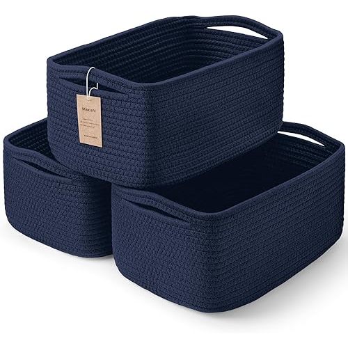 3-Pcs Shelf Baskets for Organizing, Closet Organizer Bins, Small Woven Baskets, Rope Toy Basket, Storage Basket for Shelves, Cube Decorative Box, 11.8×7.8×5.1”|Navy Blue