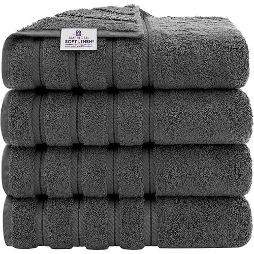 American Soft Linen Luxury 4 Piece Bath Towel Set, 600 GSM 100% Cotton Turkish Bath Towels for Bathroom, 27x54 in Large Bathroom Shower Towels, Dark Gray