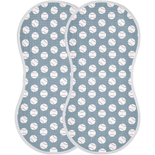 Baby Muslin Burp Cloths Set of 2 Baseball Blue Muslin Washcloths American Sport Championship Patch Sports Milk Spit Up Rags Soft Newborn Towel for Unisex Boys and Girls, 22 x 11 Inch