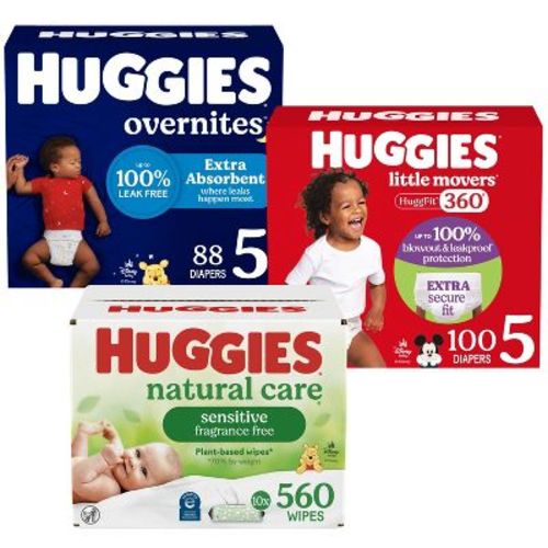 Huggies Unscented Baby Wipes 10pack + Overnites Nighttime Baby Diapers Size 5/88ct + Little Movers HuggFit 360 Pull On Diapers Size 5/100ct