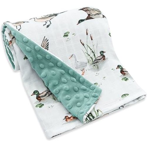 LifeTree Baby Blankets for Newborn, Soft & Lightweight Swaddle Blankets, Muslin Front and Dotted Fleece Backing Receiving Bed Blanket, 31X40 Inches, Baby Girl & Boy Blanket, Duck and Green