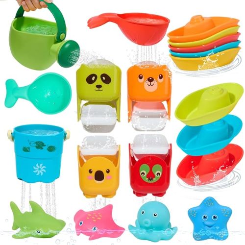 Baby Bath Toys for Kids Ages 1-3, 16PCS | Easy Clean Mold Free Bath Toys Toddlers 2-4 | Bathtub Pool Water Table Toys for Babies & Toddlers | Bath Boats Spoons Bucket Watering Can Tub Toy for Toddlers
