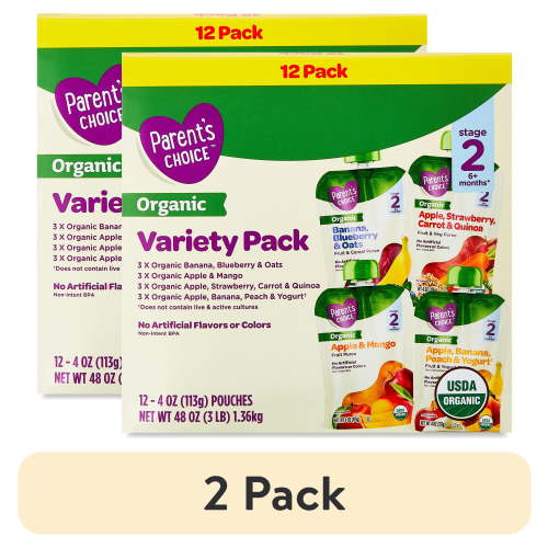 (2 pack) Parent's Choice Organic Variety Pack Baby Food, Stage 2, 4 oz Pouches, 12 Count