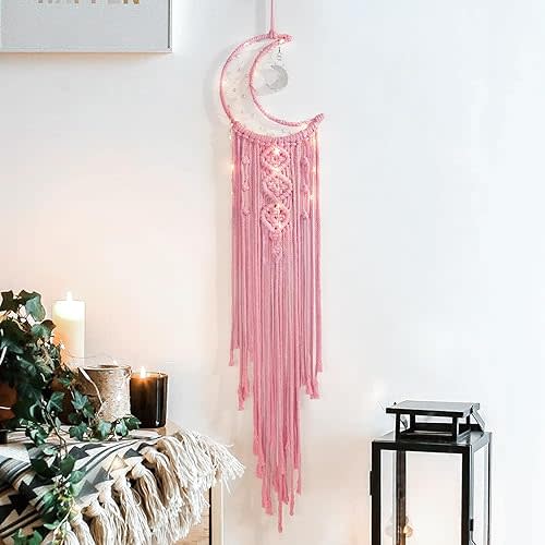 ANORYE Boho Macrame Woven Wall Hanging for Girl, Crochet Crescent Moon Star Dream Catcher with Light, Pink Cotton Handmade Bohemian Home Decor Decoration for Kids Nursery Bedroom Dorm Room