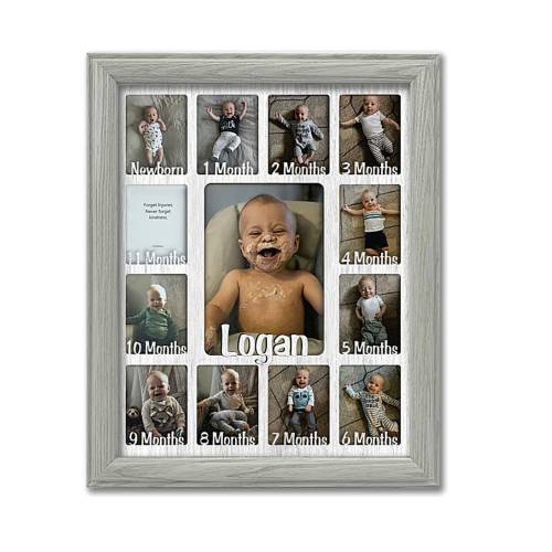 Baby First Year Personalized Frame - Holds Twelve 2.5&quot; x 3.5&quot; Newborn Photos and 5&quot; x 7&quot; One Year Picture, Nursery Gift (Light Gray Frame)