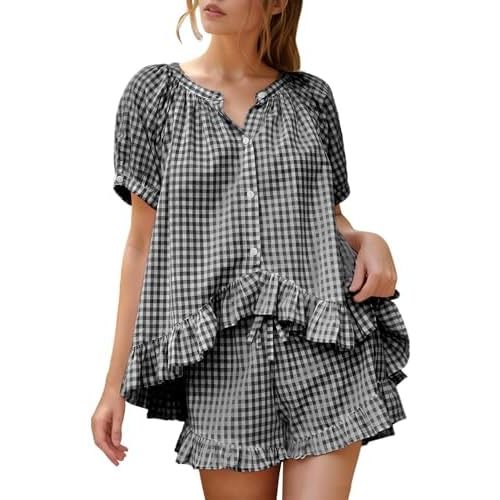 Flygo Womens Gingham Pajamas Set 2 Piece Cotton Pj Lounge Sets Puff Sleeve Ruffle Babydoll Shirt Shorts Summer Outfits
