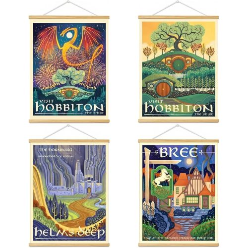 Meksular Middle Earth Landscape Wall Art Prints, 4pcs Framed Canvas Painting, Fantasy Posters, For Travel Gift, Office Home Decor, Bedroom Living Room Wall Decor