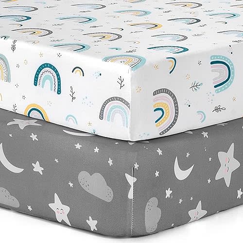 BBROLEX Baby Fitted Crib Sheets Set of 2, Toddler Standard Size Jersey Knit Rainbow Stars