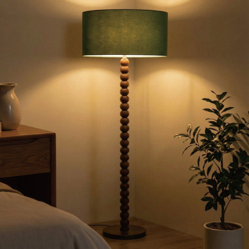 East Urban Home 61" Retro Walnut Rubberwood Floor Lamp With Sculptural Stacked Sphere Base And Linen Drum Shade For Living Room & Reviews | Wayfair