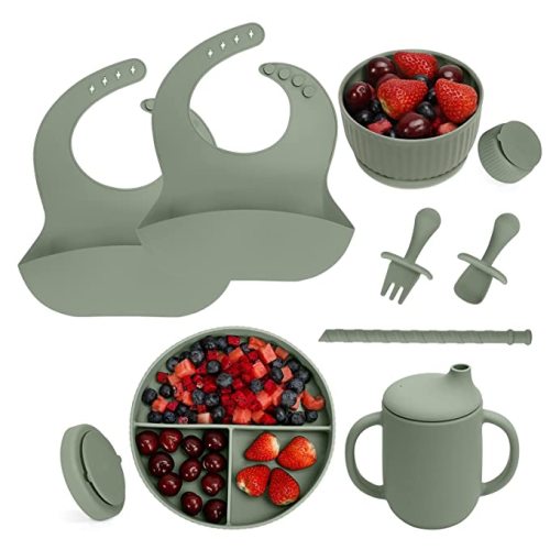 Baby Led Weaning Supplies - CSFICTS Baby Feeding Set - Silicone Suction Bowls, Divided Plates, Straw Sippy Cup - Toddler Self Feeding Eating Utensils Dishes Set with Bibs, Spoons, Fork - 6 Months - Sage