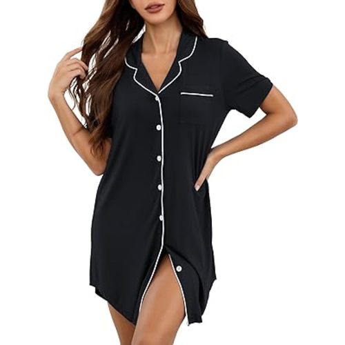 KCW Nightgown for Women Button Down Nightshirt Short Sleeve Sleepshirt Modal V Neck Sleepwear Pajama Dress
