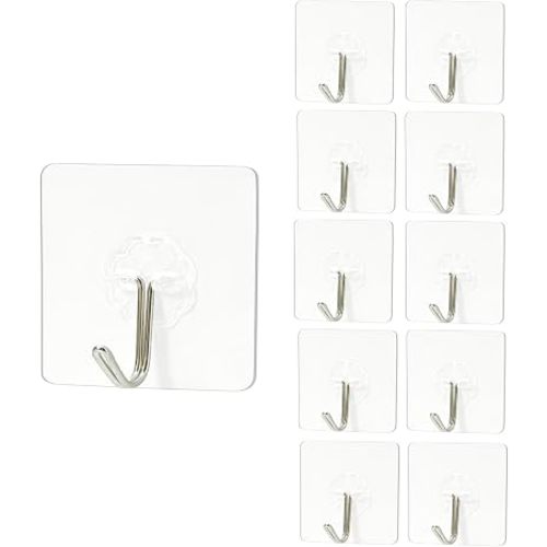 Clear Adhesive Wall Hooks, Heavy Duty 22lb, No Drill, Waterproof, 10 Pack