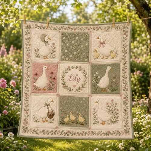 Personalized Goose Quilt Blanket, Custom Baby Name Blanket, Vintage Goose Nursery Quilt, Floral Duck Cottagecore Baby Throw