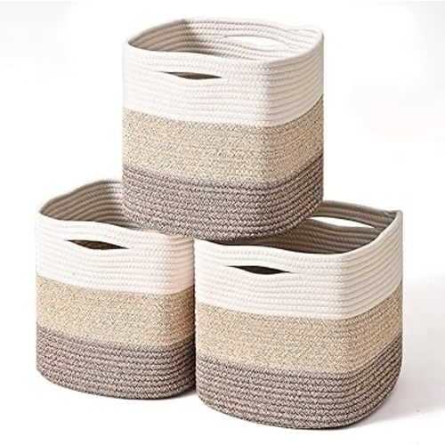 11 Inch Cube Storage Bins, Organizing Bins for Cube Organizer, Storage Baskets for Organizing, Woven Storage Basket for Shelves, Cotton Rope Baskets for Storage, Gradient Brown (Pack of 3)