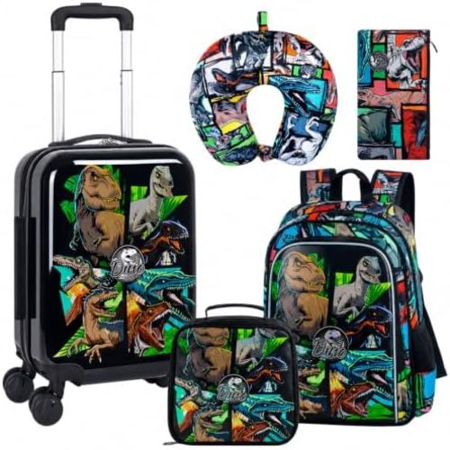 CCJPX 5Pcs Kids Luggage Set, 16" Boys Travel Suitcase with Spinner Wheels, Dinosaur Hardside Carry on Toddler Rolling Suitcase Airline Approved(Black)