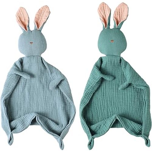 insular Bunny Lovey Blanket for Boys and Girls, Organic Cotton Muslin Security Blanket for Babies, Soft Breathable Lovie Soothing Towel for Newborn and Infant, Blue&Green