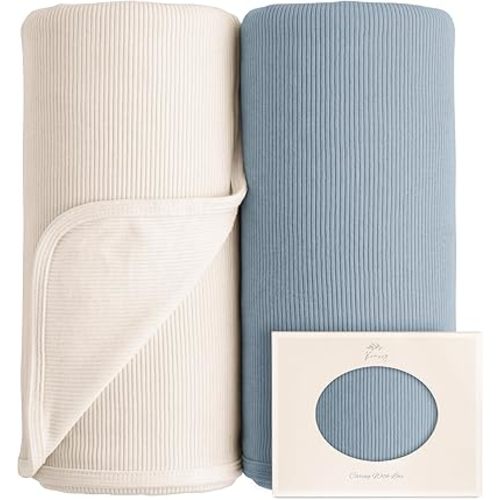 Konssy Ribbed Knit Baby Blankets 2 Pack, Stretchy Lightweight Swaddle Blanket for Boys & Girls, Soft Cozy Receiving Wrap for Newborns, Infants, & Toddlers, 33x42 Inch