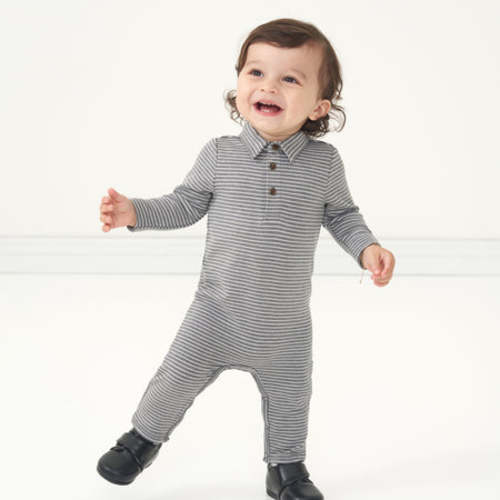 Charcoal Heather Stripe Long Sleeve Polo Romper