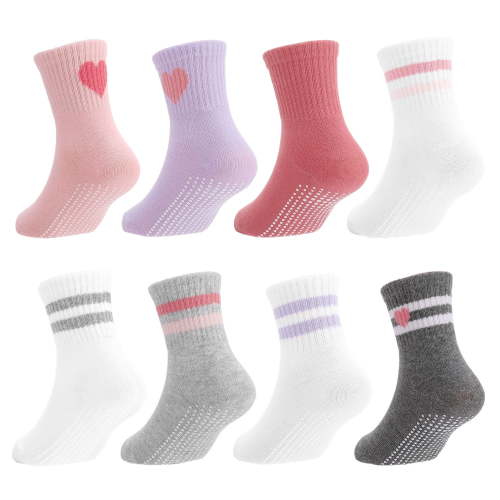 Bocaoying 8 Pairs Baby Socks with Grips, Non-Slip Toddler Crew Socks, Cute Newborn Cotton Socks, Retro Stripes Hearts Mid-Calf Infant Socks, Soft Kids Socks for Girls Boys (For 1-3T)