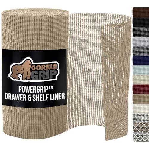 GORILLA GRIP powerGRIP Drawer Shelf and Cabinet Liner, Thick Strong Hold, Non-Adhesive Liners Protect Kitchen Cabinets and Cupboard, Bathroom Drawers, Easy Install, Breathable Mat, 12" x10', Beige