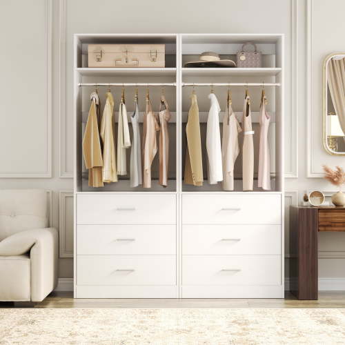 Homieasy 4FT (48 Inch) Closet Organizer System,Set of 2 - 6 Wood Drawers, 2 Hanging Rods & 2 Shelves, Heavy Duty Walk-in Closet Storage, White