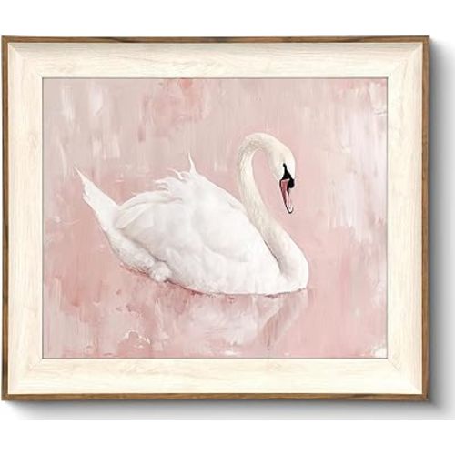 Uniro Framed Canvas Wall Art Swan Decor, Vintage Wall Art Animal Oil Painting Bathroom Wall Decor, White Swan Vintage Art Prints for Pink Room Decor, Pastel Pink Coquette Room Decor for Nursery, Bedroom, Girly R.oom D.ecor- 10x12 inches