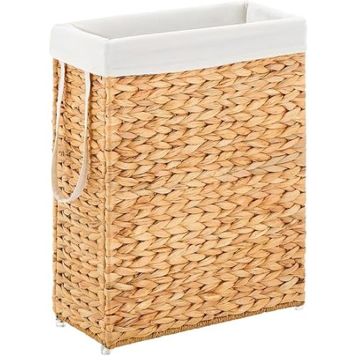 Handwoven Slim Laundry Hamper, 55L Narrow Laundry Basket, Natural Water Hyacinth Basket and Handles and Removable Liner Bag & 2 Mesh Bags (Natural, 55L)
