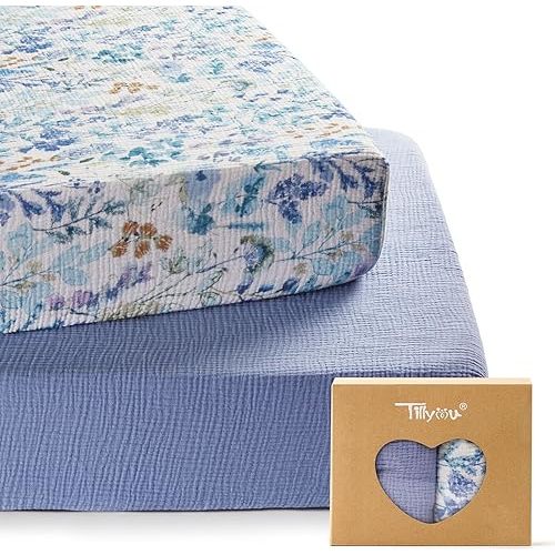 TILLYOU 2 Pack Muslin Crib Sheets for Boys and Girls, 100% Cotton Fitted Crib Sheet for Toddler 52"x28" Standard Crib Mattress, Blue Flower