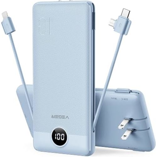 VEGER Portable Charger with Built-in AC Plug and Cables, All in One 10000mAh Ultra Slim Power Bank Travel Essentials, USB C External Battery Pack Compatible with iPhone, Samsung, More, Blue