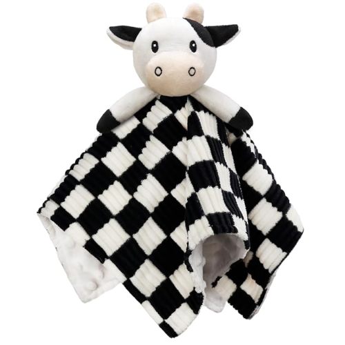 Baby Security Blanket for Boys Girls, High Contrast Super Soft 3D Checkerboard Gingham with Minky Dot Fabric Backing Snuggle Stuffed Animal Blankie Puppy Lovely Black 14 Inch