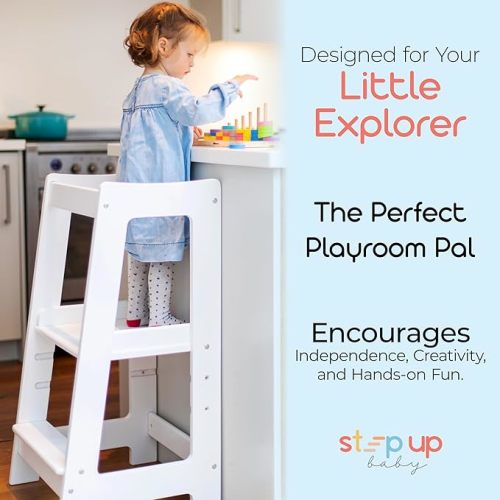 Stepup Baby Toddler Step Stool - Adjustable Height Kids Helper Step Stool, Durable, Non-Slip & Bathroom Sink, Platform for Kitchen, Toddler Tower for Exploration and Growth - White